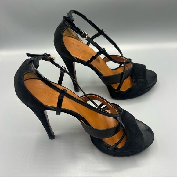 Gucci Suede Leather Trim T-Strap Stiletto Strappy Platform Sandal Black - Picture 4 of 11